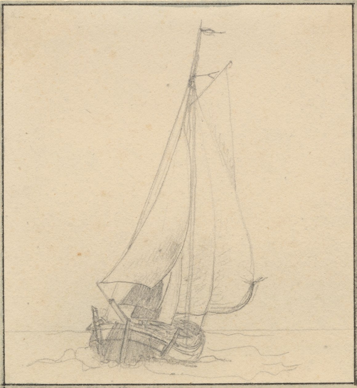 En yacht under segel sett framifrån. av Christoffer Wilhelm Eckersberg