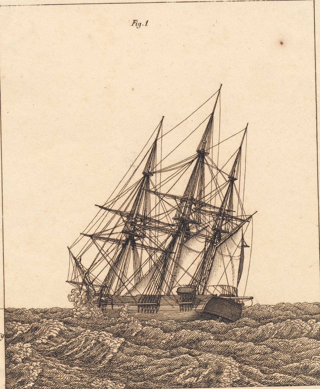 En korvett i en storm. Illustration för "Linjärt perspektiv", skylt X av Christoffer Wilhelm Eckersberg