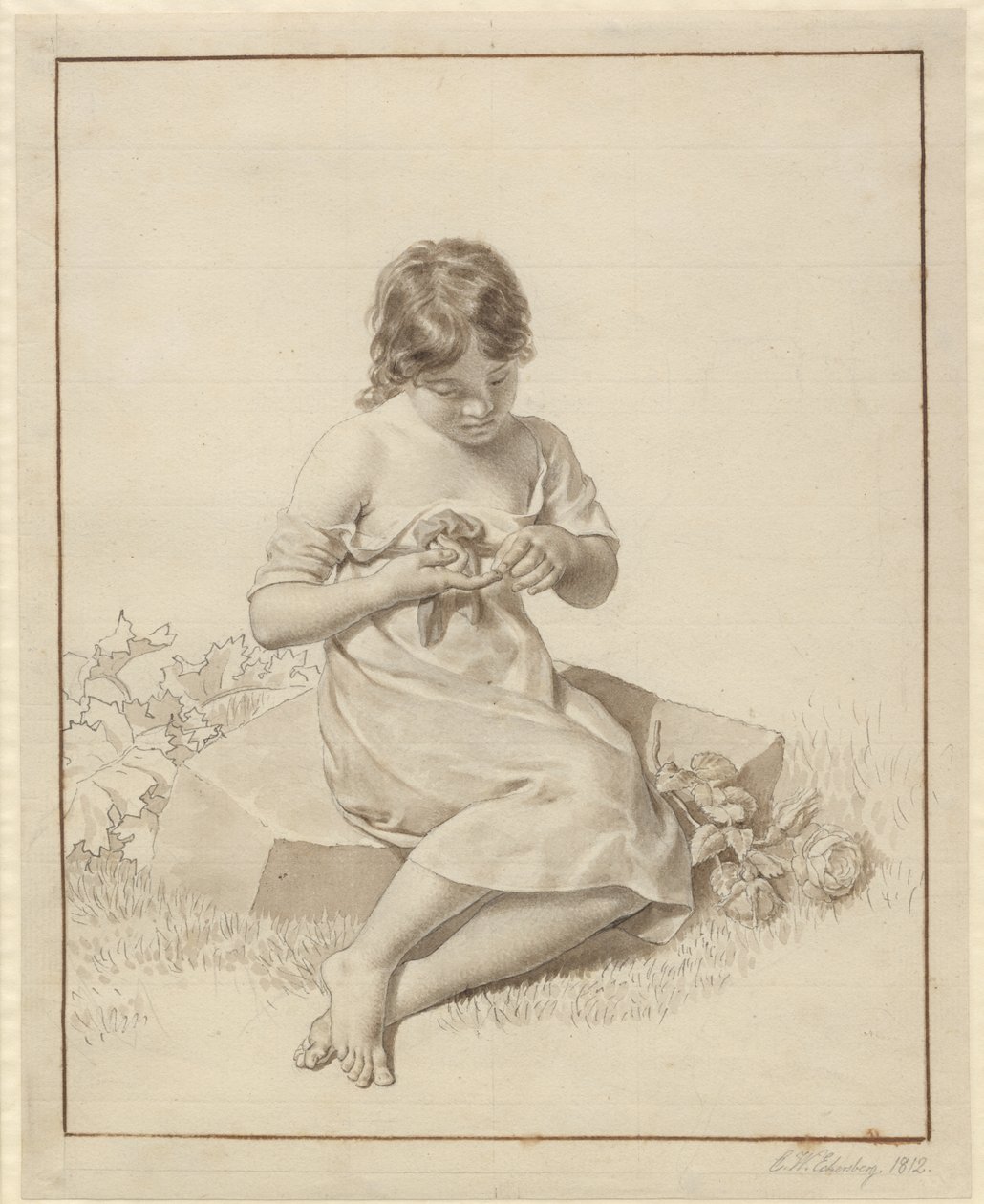 En liten flicka som har stuckit fingret på en rosentagge av Christoffer Wilhelm Eckersberg