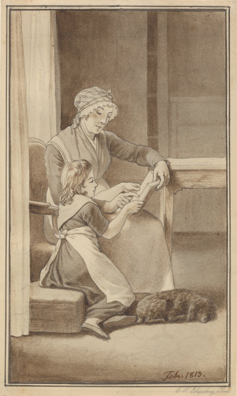 En mamma lär sin lilla flicka att läsa av Christoffer Wilhelm Eckersberg