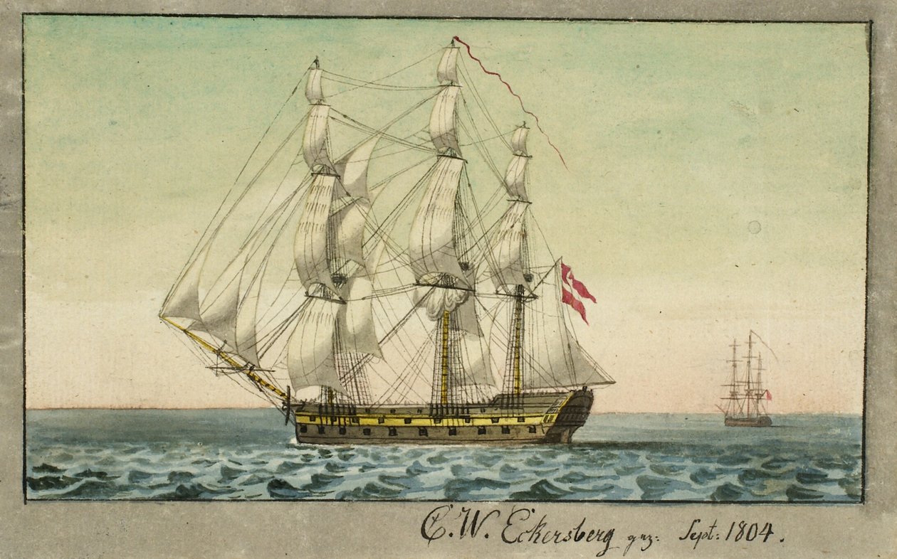 Ett danskt örlogsfartyg under segel, sett från läsidan av Christoffer Wilhelm Eckersberg