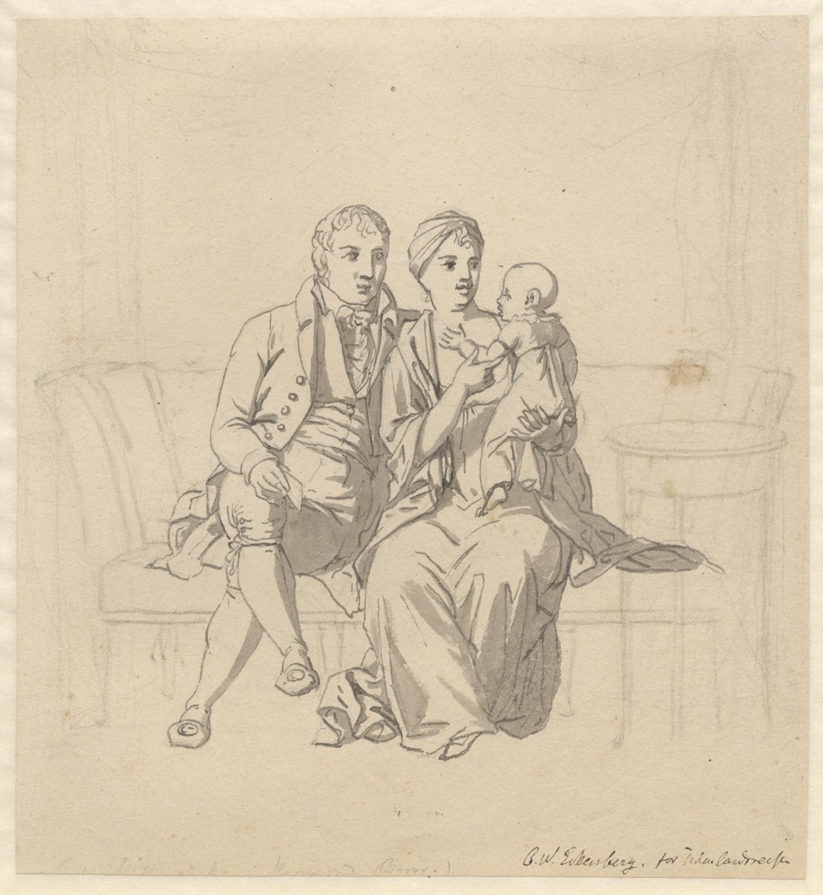 Ett ungt gift par sitter i en soffa, hon med ett barn på armen av Christoffer Wilhelm Eckersberg