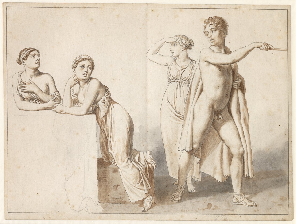Fyra studiefigurer, tre kvinnor och en man i antika dräkter. av Christoffer Wilhelm Eckersberg