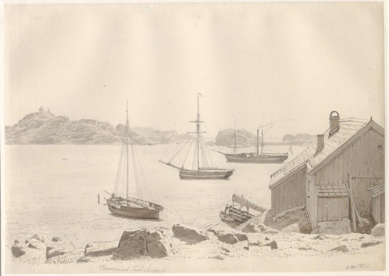 Frederiksværks hamn vid Larviksfjorden, Norge. av Christoffer Wilhelm Eckersberg