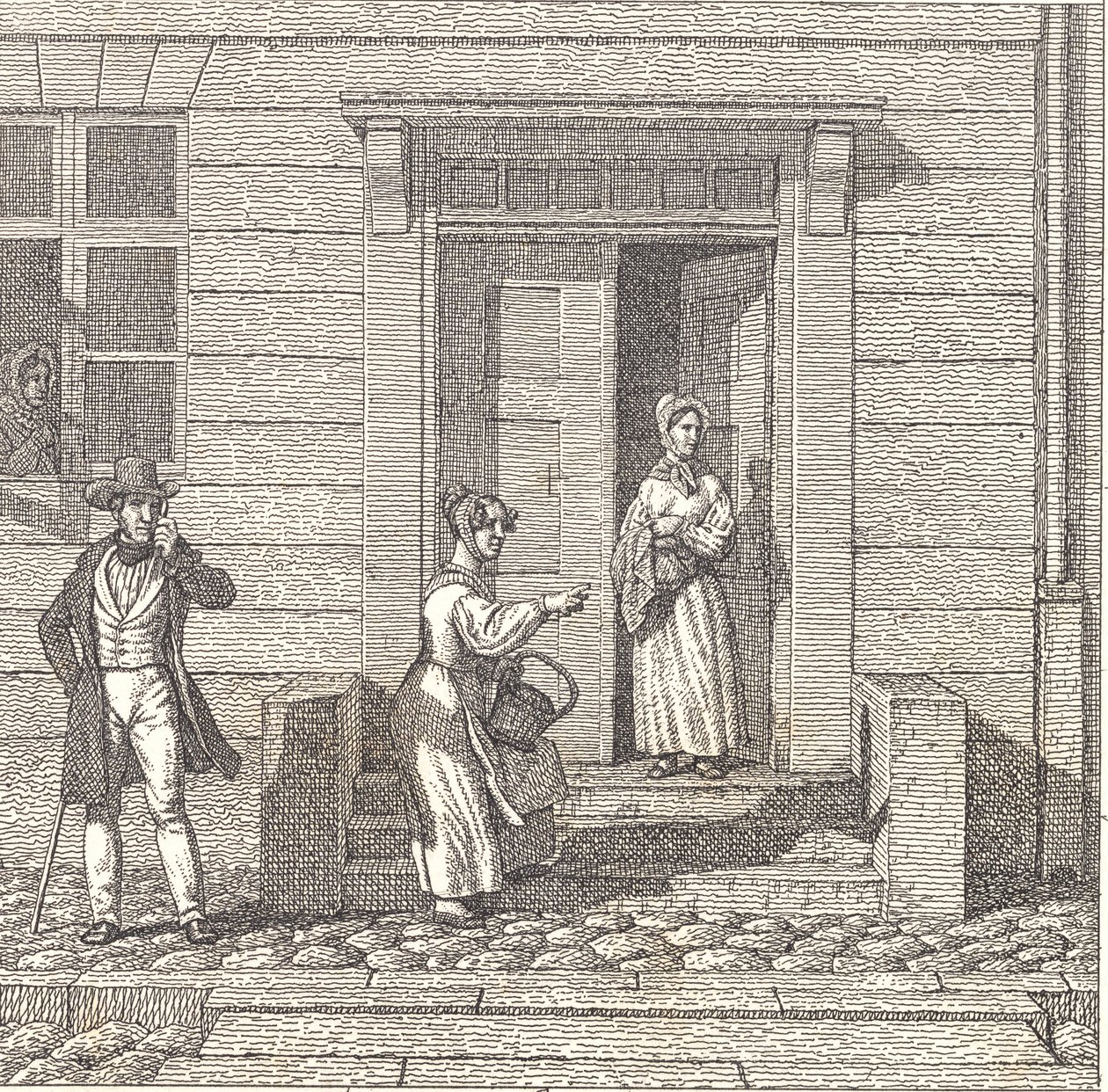 Gatubild, två flickor, en man och en kvinna som letar efter något av Christoffer Wilhelm Eckersberg