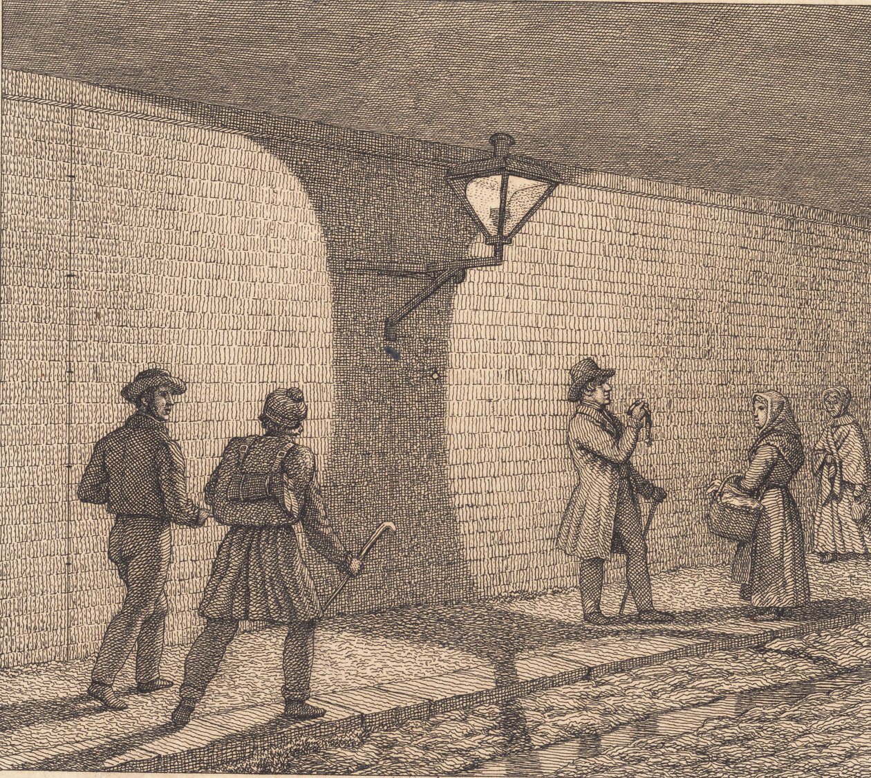Gatubild vid lampljus. Illustration för "Linjärt perspektiv", skylt VIII av Christoffer Wilhelm Eckersberg