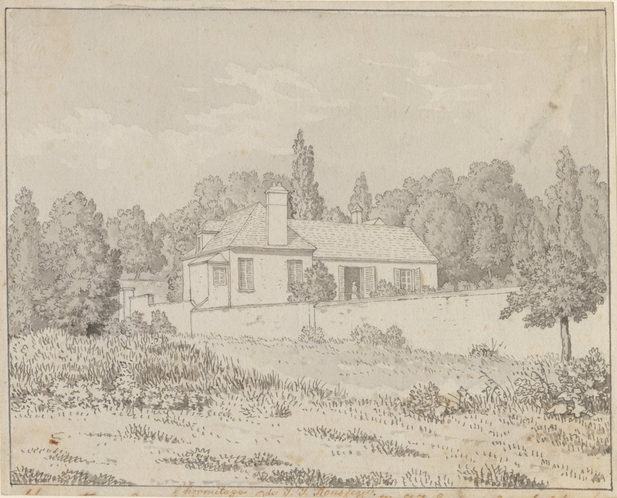 Jean Jacques Rousseaus hus i palatsträdgården i Ermenonville av Christoffer Wilhelm Eckersberg