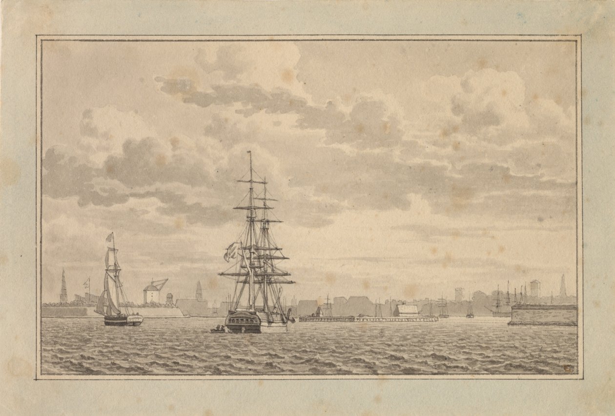 Köpenhamn sett från Yderhavnen med en brigg för ankar och en segelslup. av Christoffer Wilhelm Eckersberg