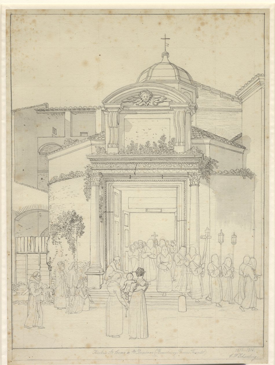 Kyrkan står. Cosmos och Sta. Damians (Romolus och Remus Temple) med munkar i procession som kommer ut genom kyrkdörren. av Christoffer Wilhelm Eckersberg