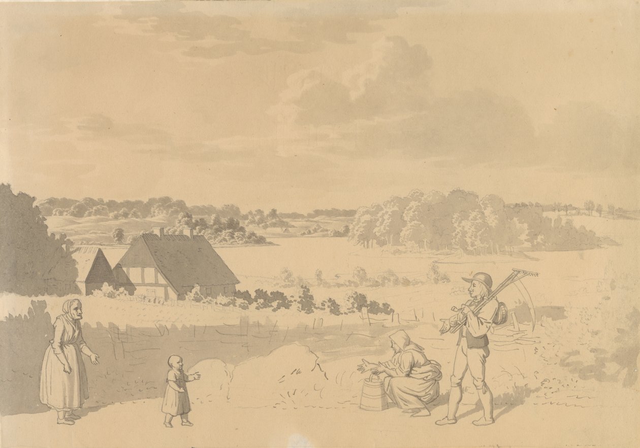 Landskap med en sjö, omgiven av skog och åkrar, i förgrunden leker bönder med ett litet barn av Christoffer Wilhelm Eckersberg