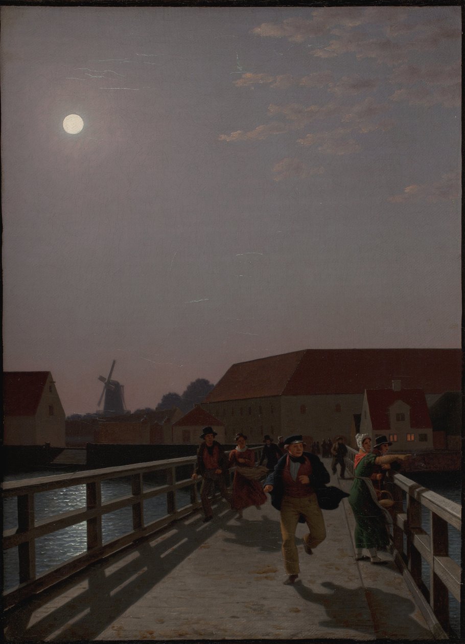 Langebro, Köpenhamn, i månskenet med löpande figurer av Christoffer Wilhelm Eckersberg