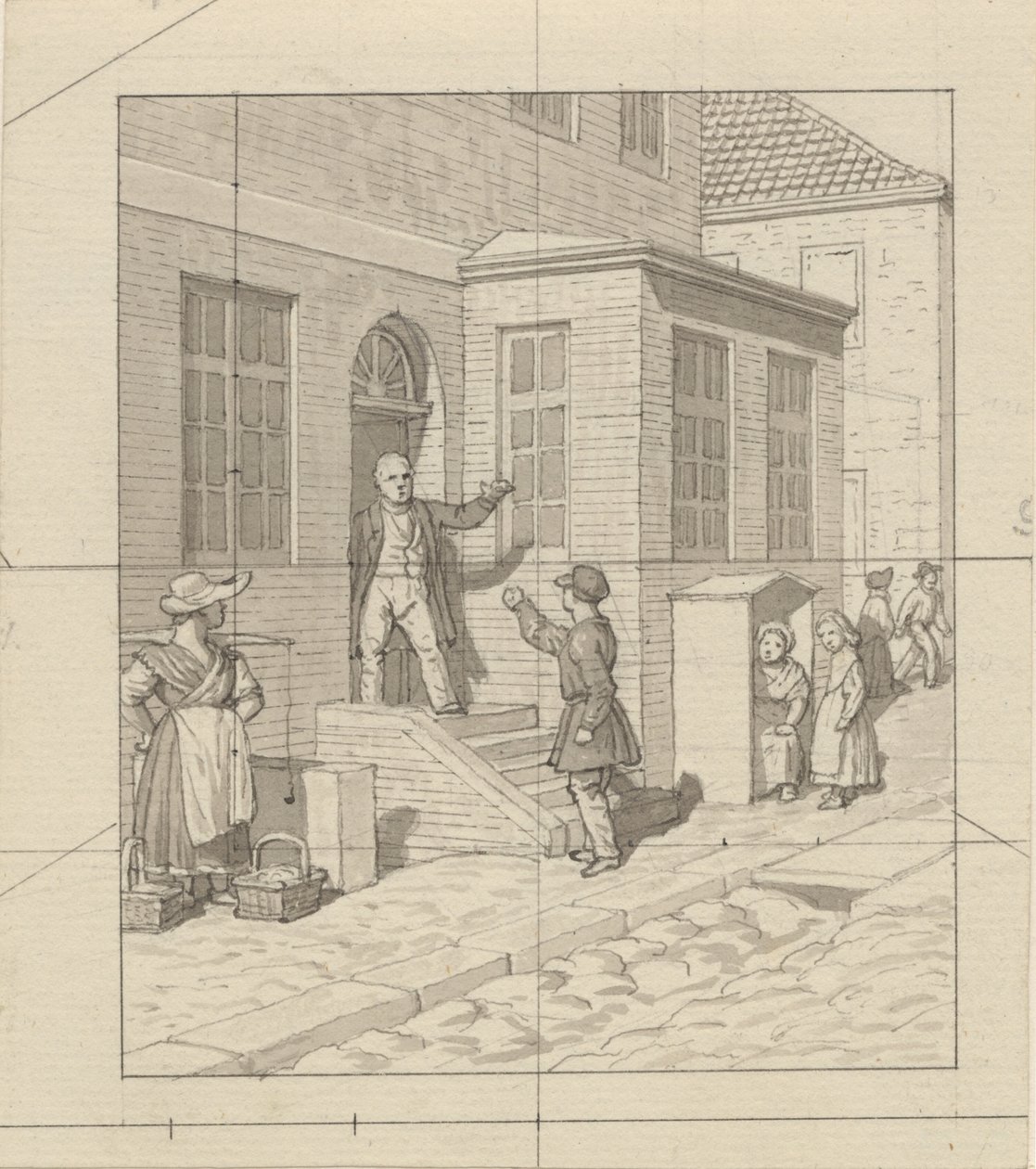 Linjärt perspektiv, applicerat på målarkonsten - Tavla VII, 2 - Argument på gatans trappsteg. av Christoffer Wilhelm Eckersberg