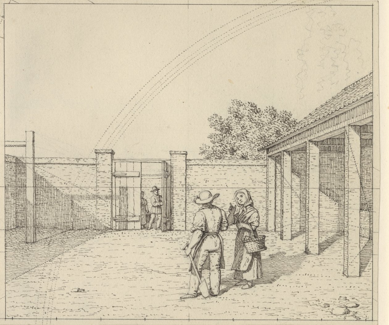 Linjärt perspektiv applicerat på målarkonsten - Utkast till oanvänd version av Platta V,2 - Regnbågen över gården. av Christoffer Wilhelm Eckersberg