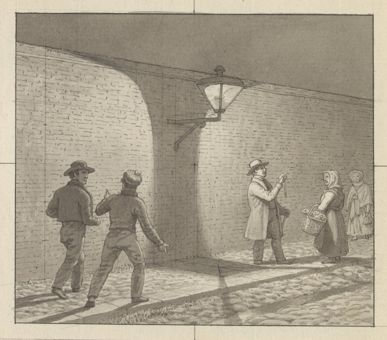 Linjärt perspektiv tillämpat på målarkonsten, tavla VIII, fig. 1 - Natttrafik under gatlyktan. av Christoffer Wilhelm Eckersberg