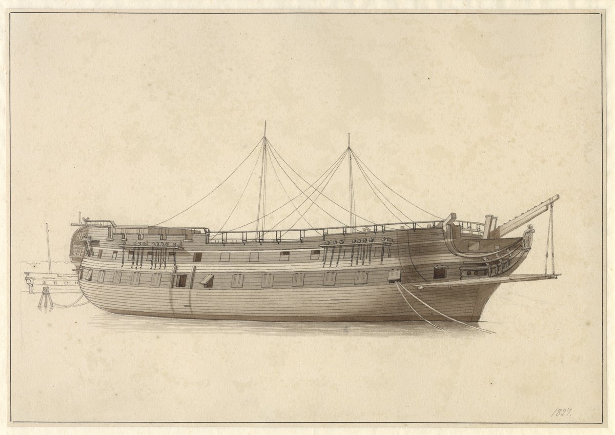 Linjefartyget Danmark i flottans arrende innan masten monteras. av Christoffer Wilhelm Eckersberg