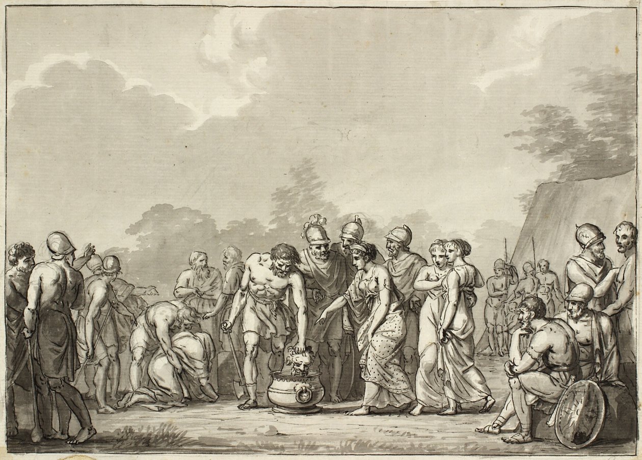 Tomyris, massagens drottning, kastar Cyrus huvud i ett kärl med blod av Christoffer Wilhelm Eckersberg