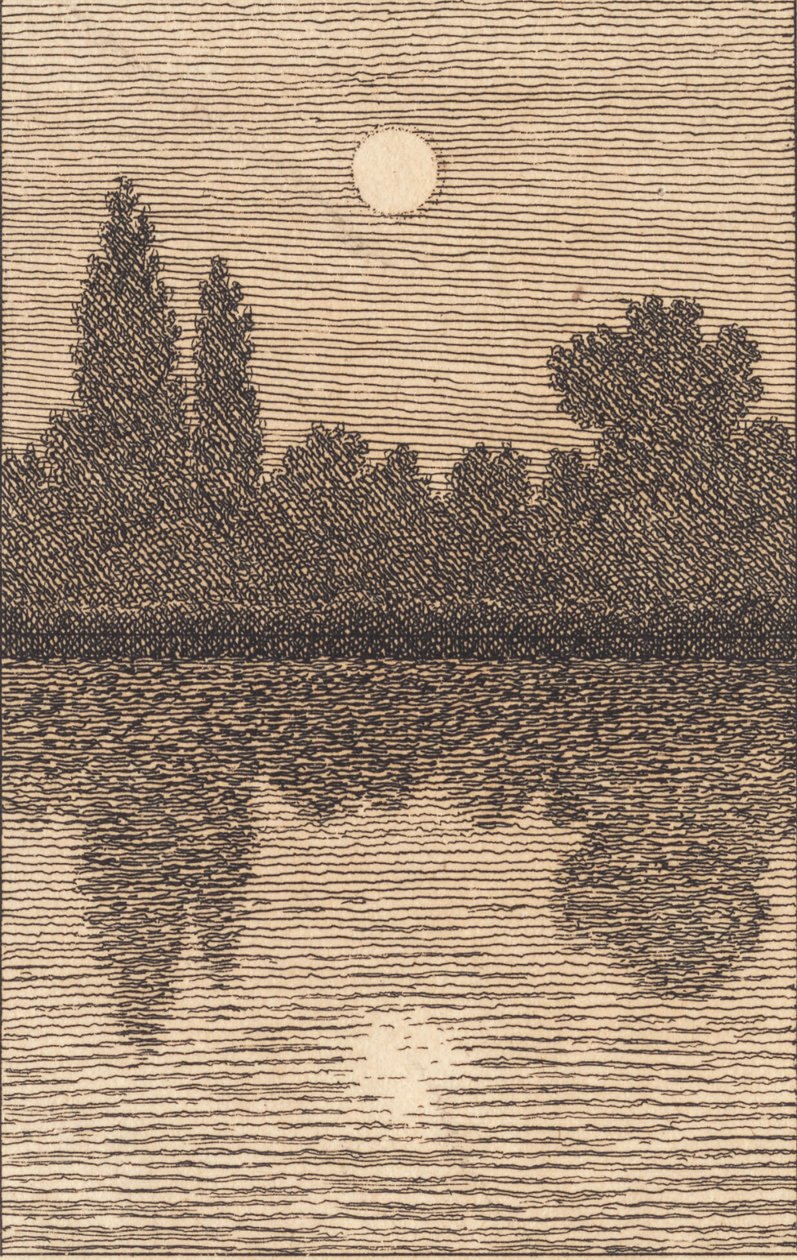 Månsken över en sjö. Illustration för "Linjärt perspektiv", skylt IV av Christoffer Wilhelm Eckersberg