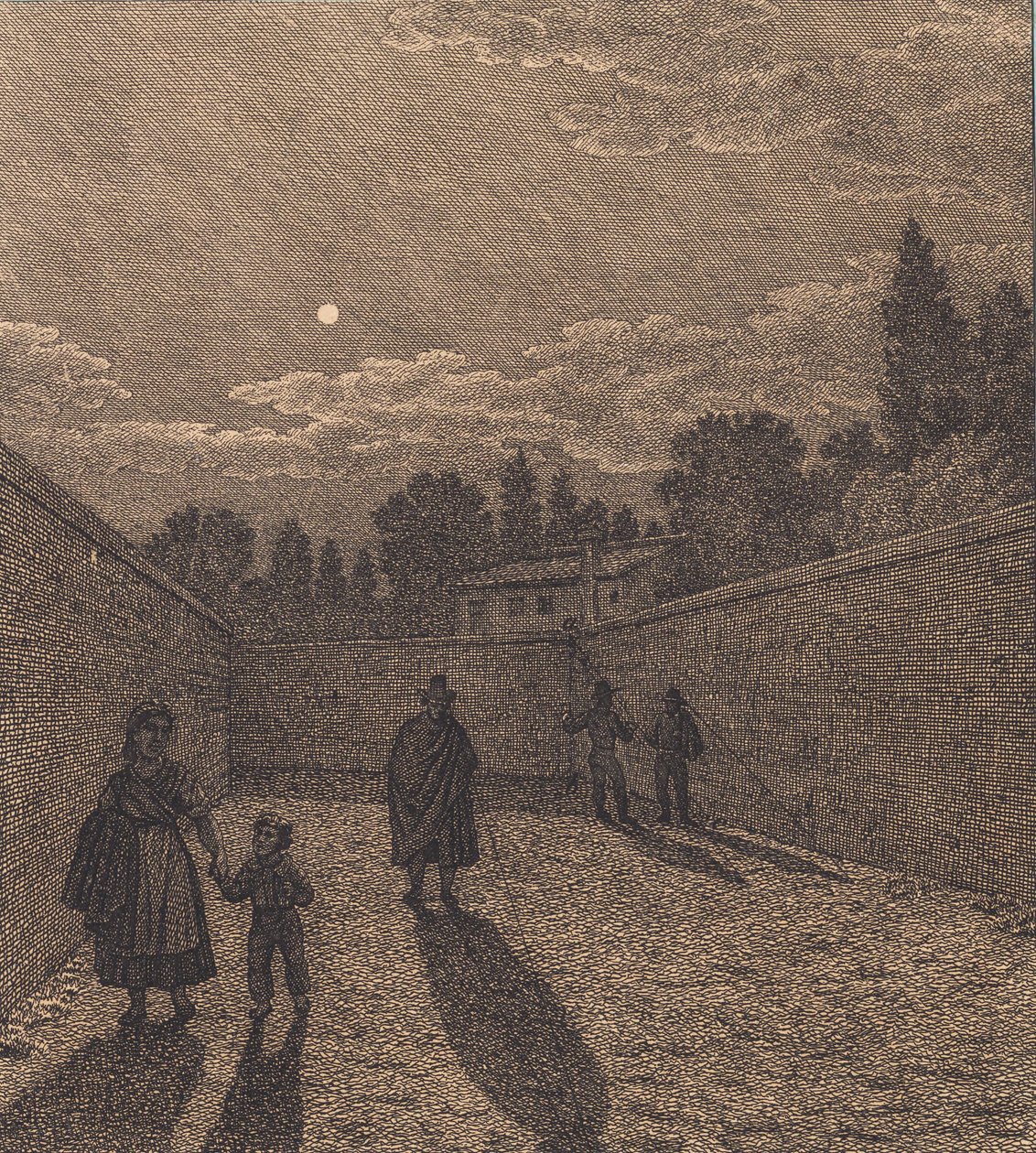 Månsken över en väg. Illustration för "Linjärt perspektiv", skylt IV av Christoffer Wilhelm Eckersberg