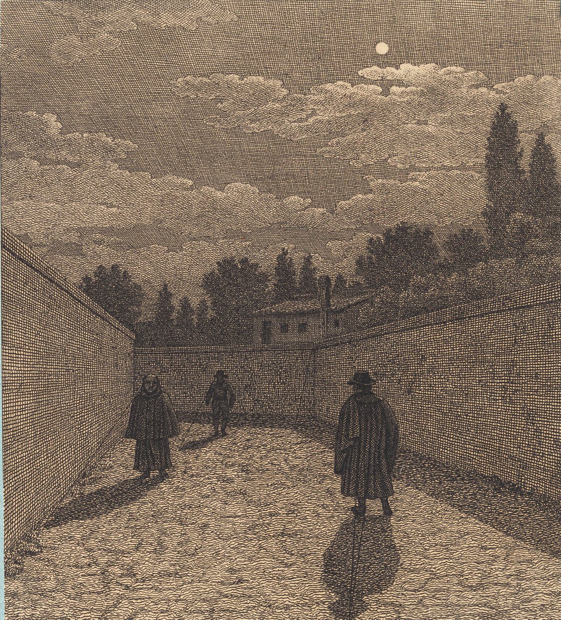 Månsken över en väg med tre figurer. Illustration för "Linjärt perspektiv", skylt IV av Christoffer Wilhelm Eckersberg