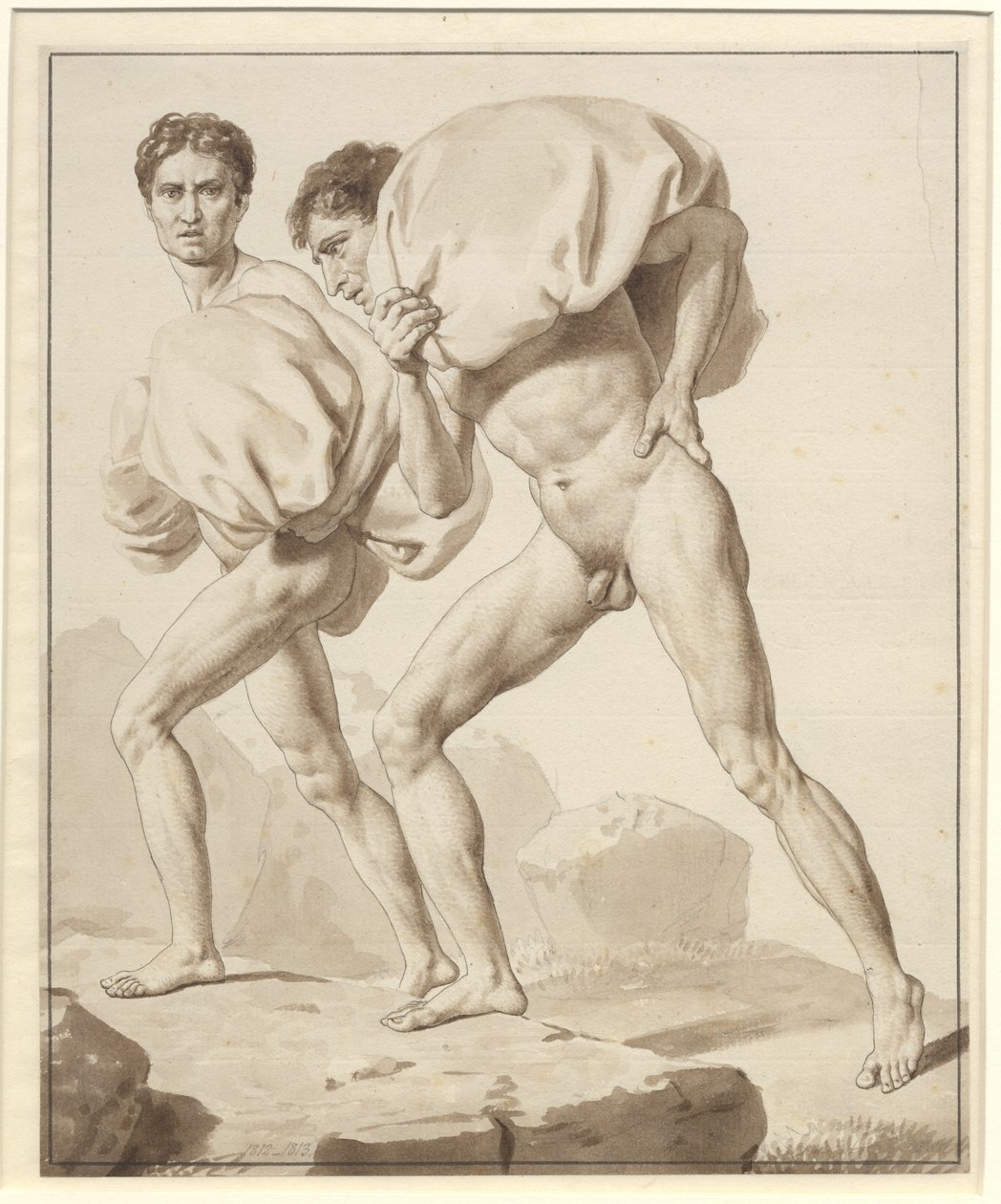 Moses delar vattnet och faraos armé är uppslukad - Studie för två israeliter på vandring, lastad med bagage av Christoffer Wilhelm Eckersberg