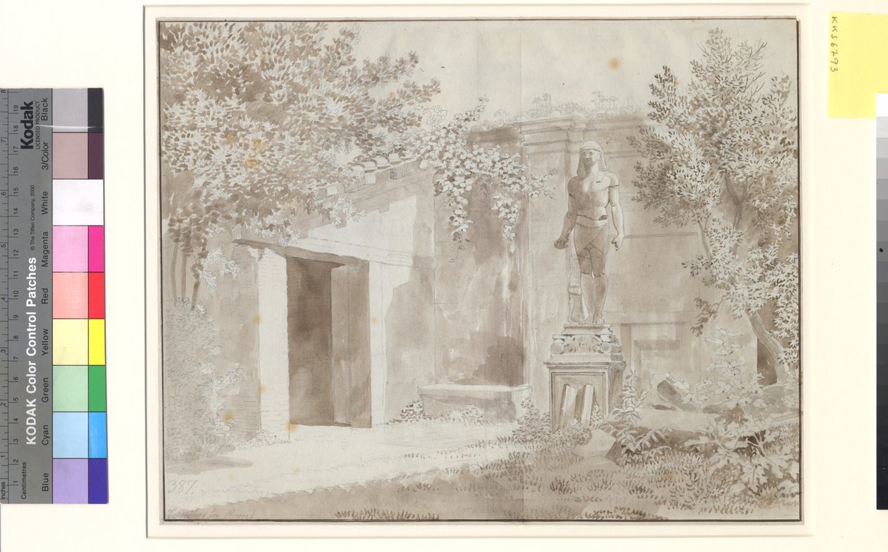 Lott förmodligen från trädgården i Palazzo Barberini med romersk staty av Antinous i egyptisk stil, Rom av Christoffer Wilhelm Eckersberg
