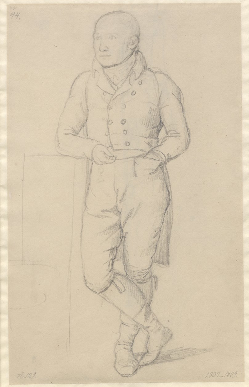 Porträtt av en stående man, benen i kors, lutad mot en soffa av Christoffer Wilhelm Eckersberg