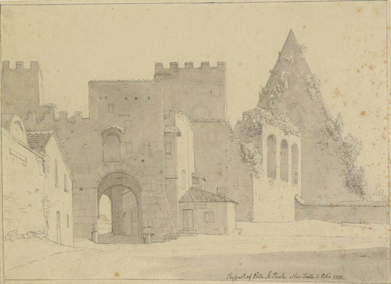 Prospekt av Porta S.Paolo och Piramide di Caio Cestio sett från stadssidan, Rom. av Christoffer Wilhelm Eckersberg