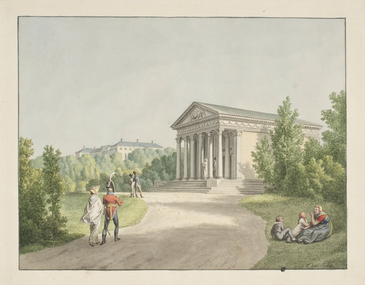 Prospekt från Frederiksberg trädgård vid slottet och Apistemplet av Christoffer Wilhelm Eckersberg