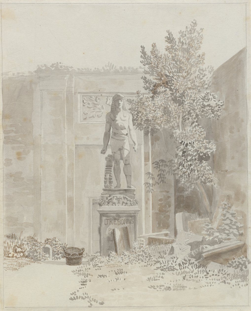 Forntida romersk staty i egyptisk stil, förmodligen i trädgården på Palazzo Barberini av Christoffer Wilhelm Eckersberg