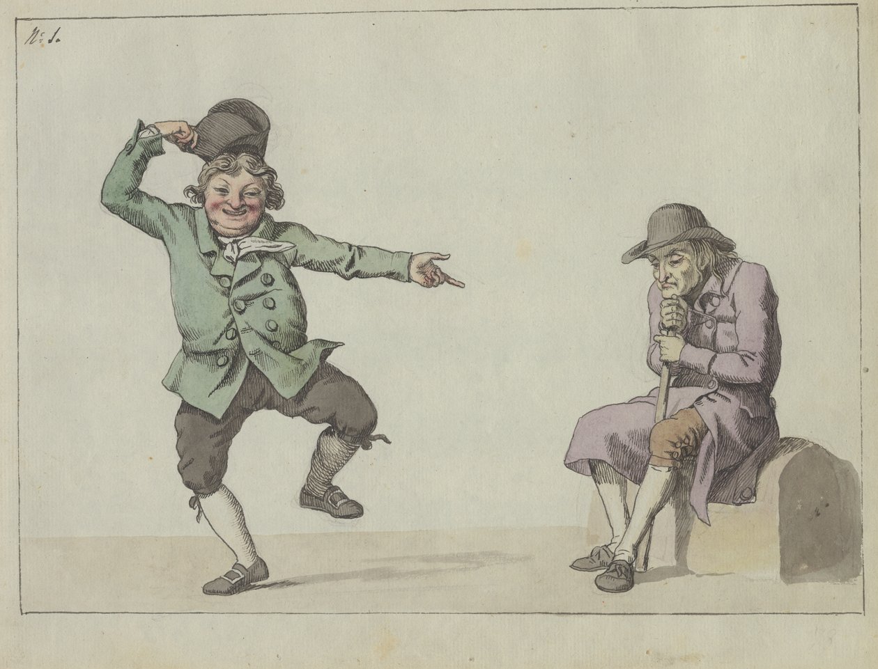 Satirisk tidskrift; en man hoppar och skrattar medan han pekar på en sittande gubbe av Christoffer Wilhelm Eckersberg