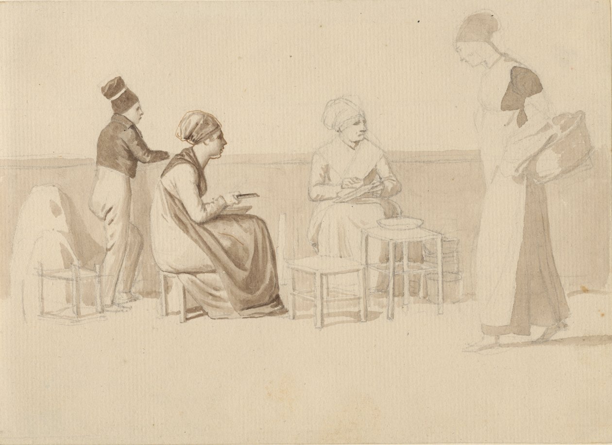Scen från en gård eller kaj i Paris. Fyra sittande, stående och gående figurer. av Christoffer Wilhelm Eckersberg