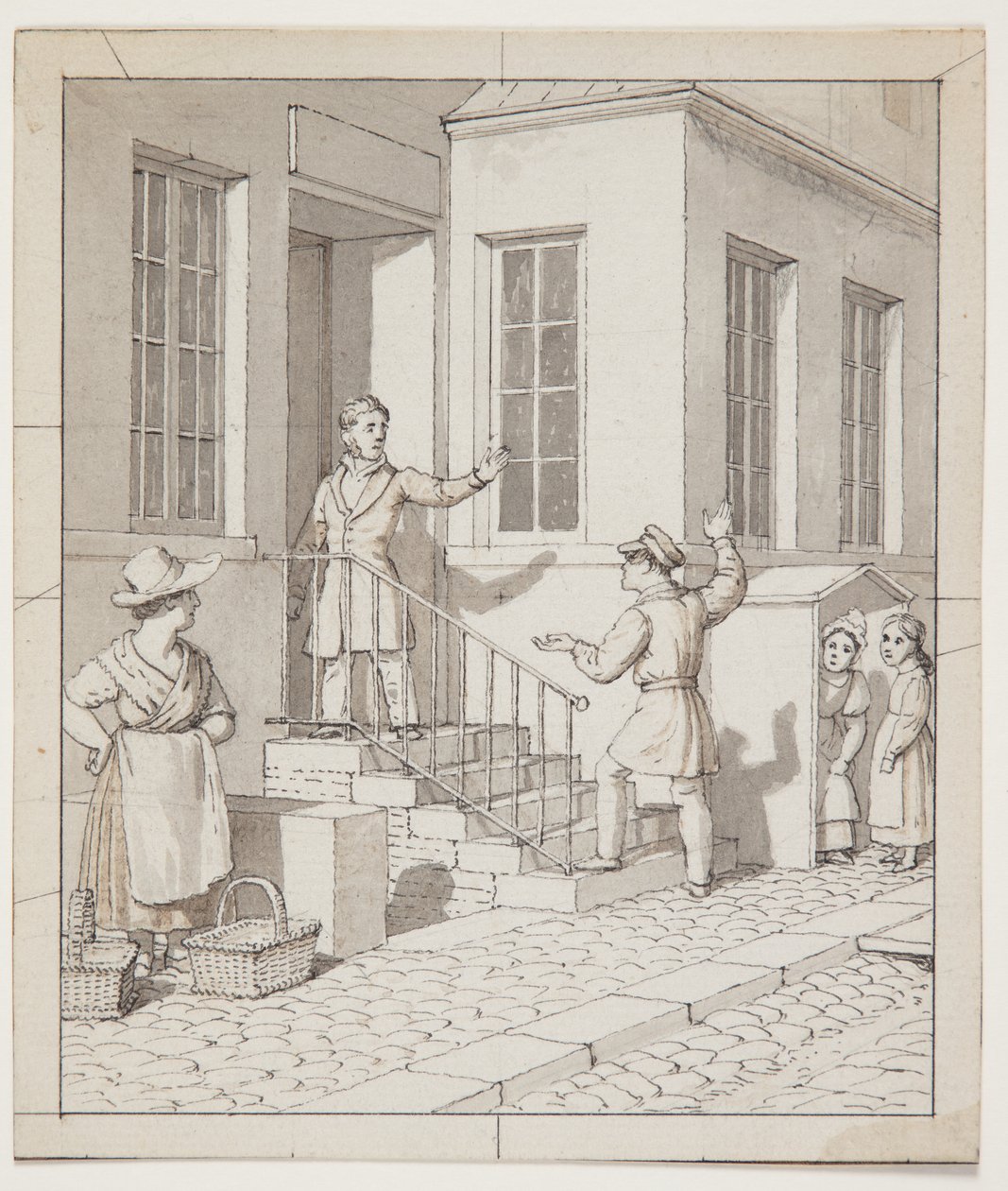 Bråk på gatans trappa. Förstudie för "Linjärt perspektiv tillämpat på målarkonsten", Plansch VII, 2 av Christoffer Wilhelm Eckersberg