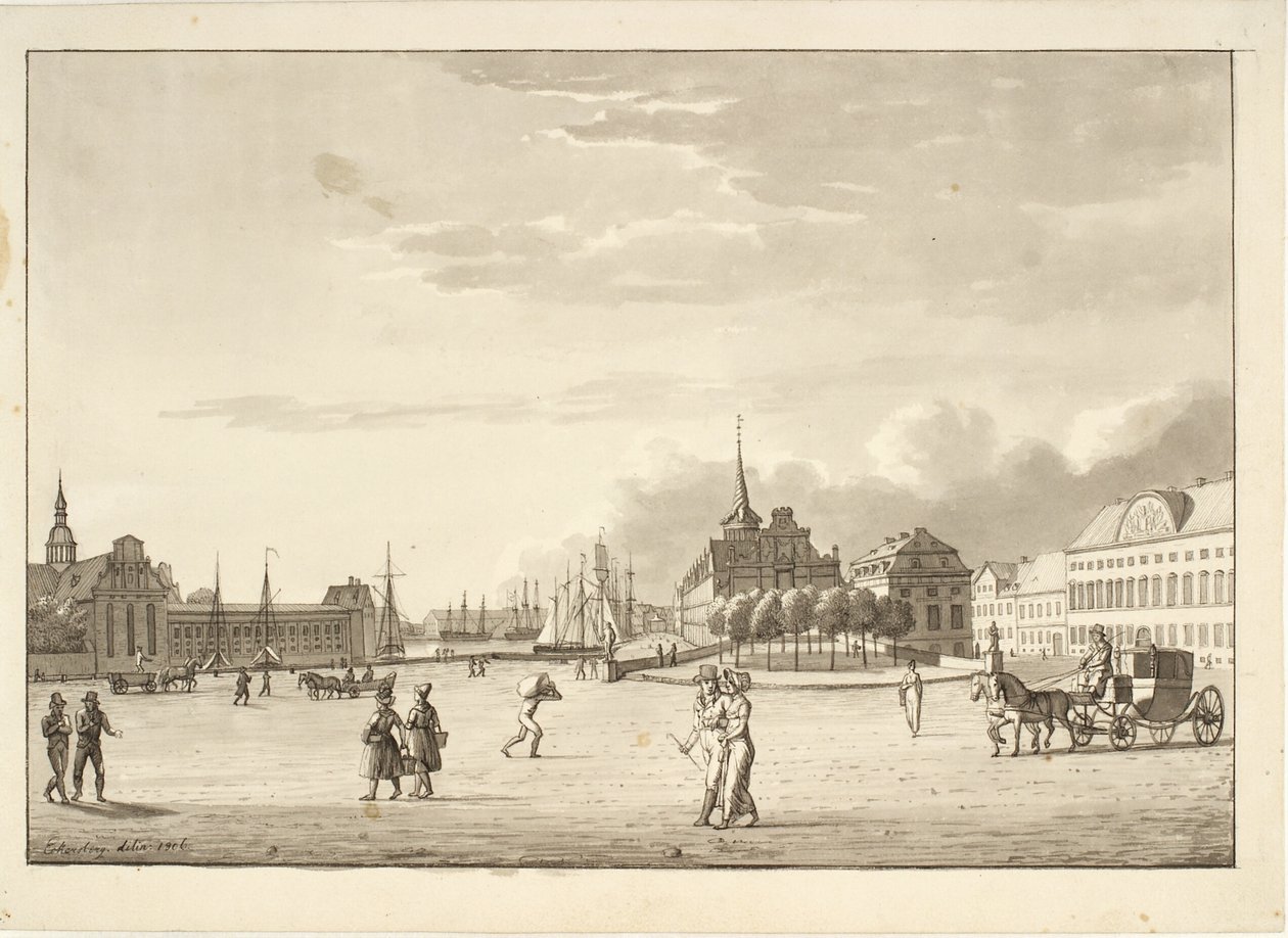 Slottsplatsen i Köpenhamn med Holmens kyrka, Børsen, den nu försvunna bank- och kanslibyggnaden ("Den röda byggnaden") av Christoffer Wilhelm Eckersberg