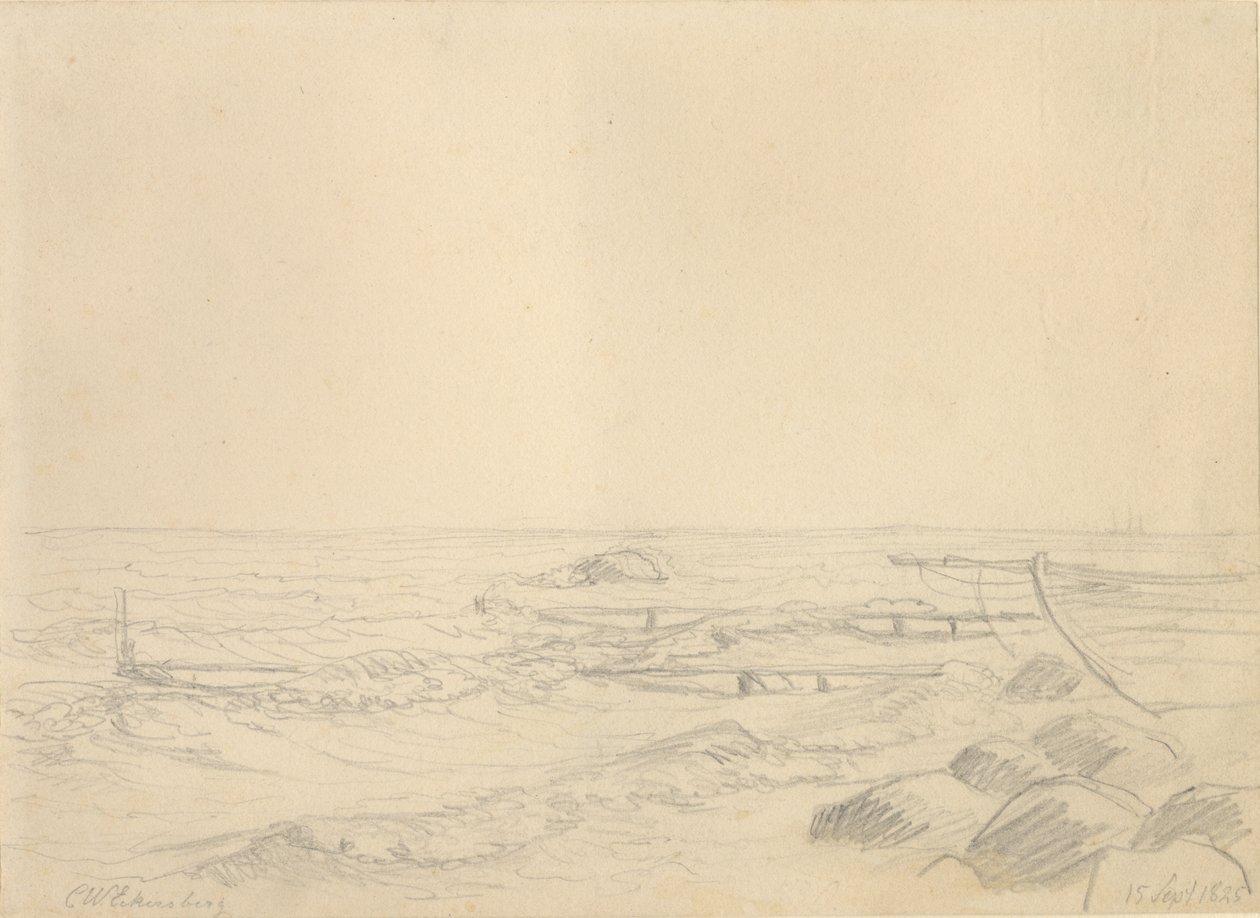Strandområde med vågor som slår mot stenar och en brygga. av Christoffer Wilhelm Eckersberg