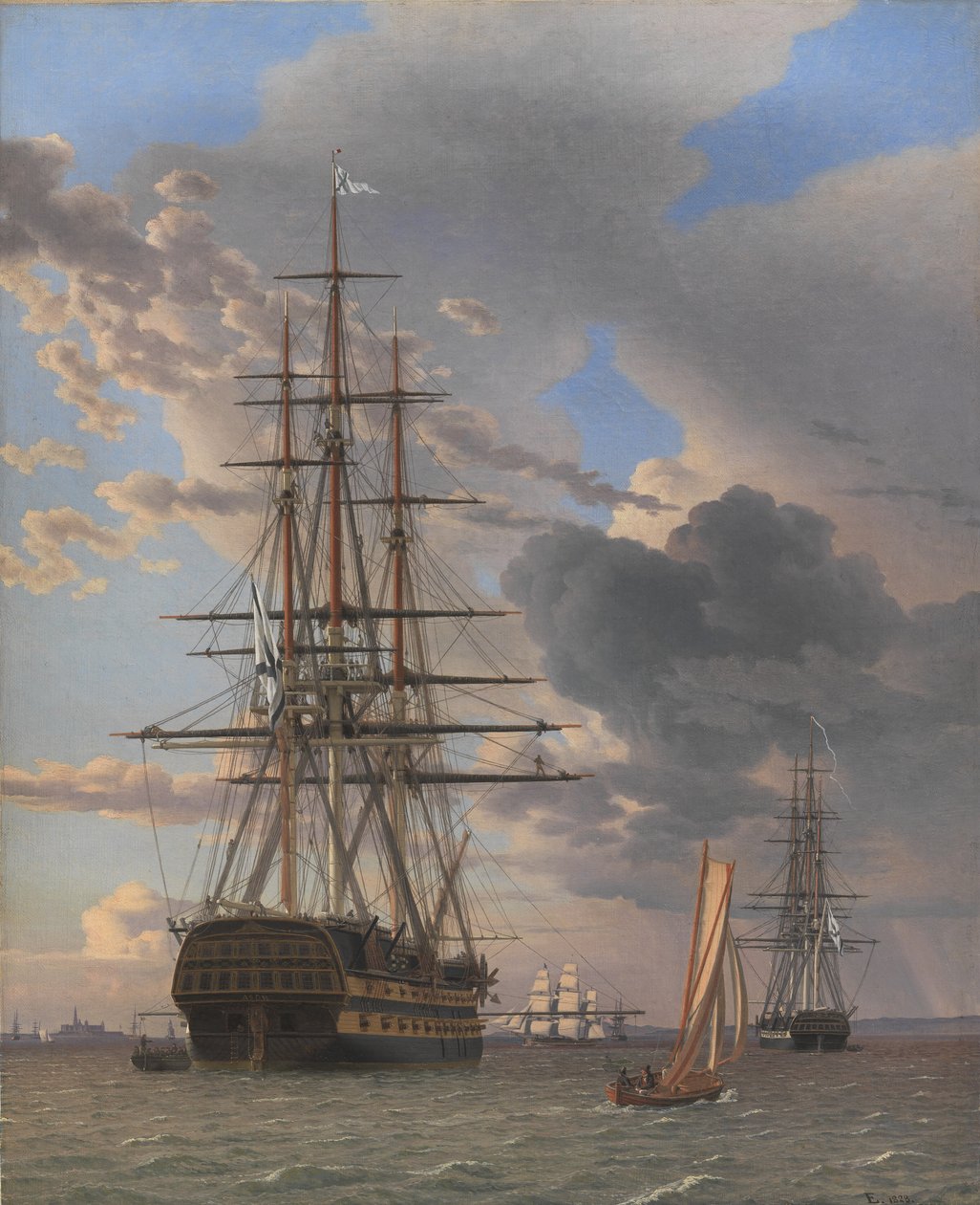 Det ryska linjeskeppet "Asow" och en fregatt vid Anchor nära Helsingör av Christoffer Wilhelm Eckersberg