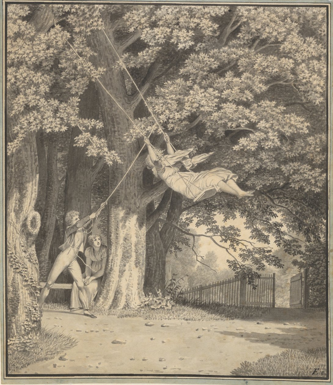 The Woodlands av Skjoldnæsholm med en ung man som gungar en ung flicka av Christoffer Wilhelm Eckersberg