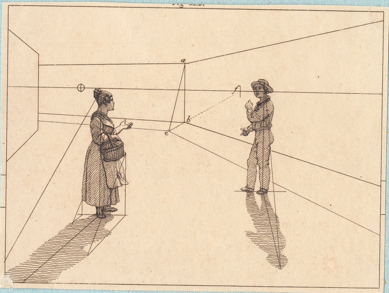 Två figurer i geometrisk konstruktion. Illustration för "Linjärt perspektiv", skylt IV av Christoffer Wilhelm Eckersberg