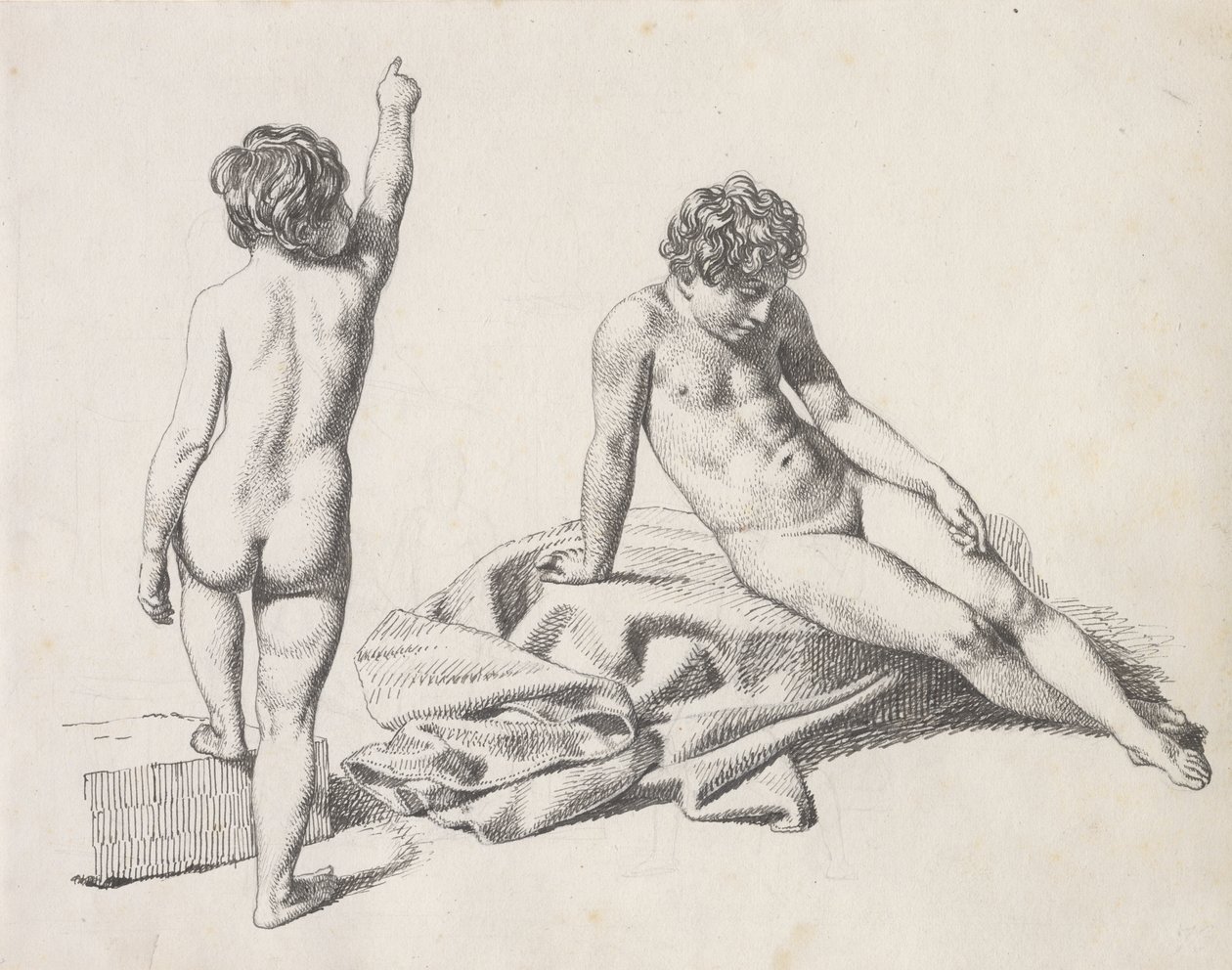 Två nakna små tjejer, den ena sitter framifrån och den andra står sedd bakifrån av Christoffer Wilhelm Eckersberg