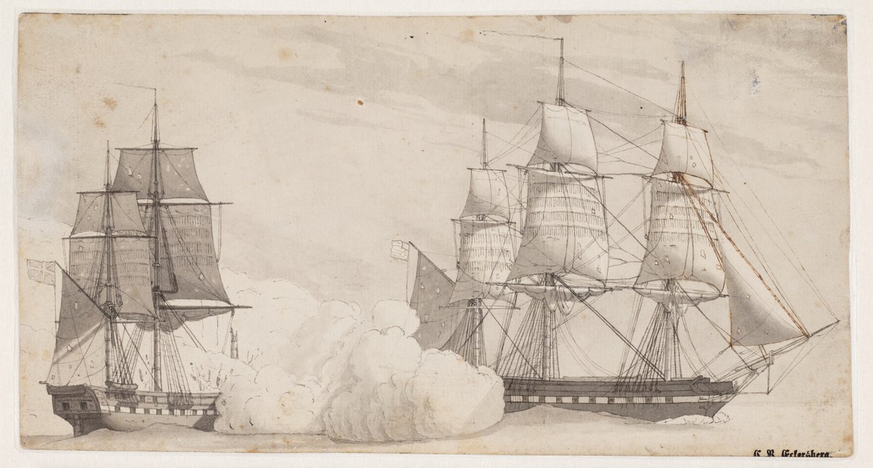 Två krigsfartyg i strid (den engelska fregatten Shannon och den amerikanska fregatten Chesapeak?) av Christoffer Wilhelm Eckersberg