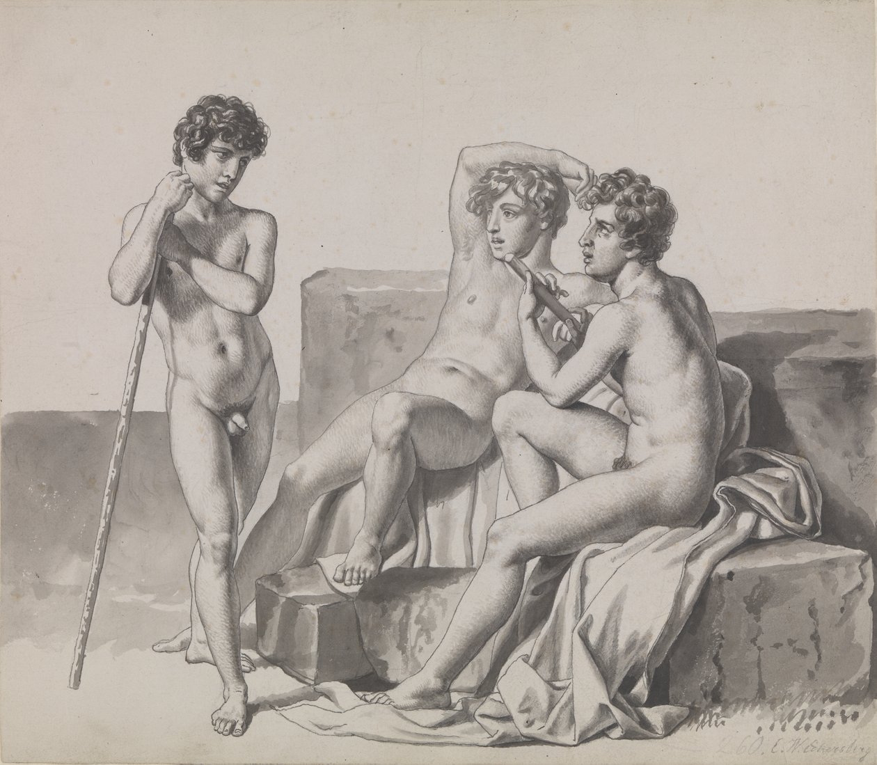 Tre unga nakna pojkar som står eller sitter mellan stenblock. av Christoffer Wilhelm Eckersberg