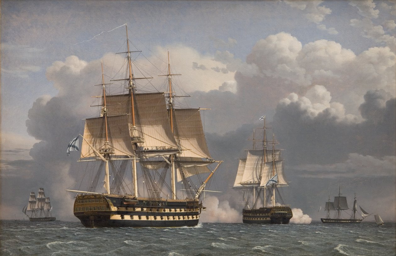 Två ryska linjens skepp hälsar av Christoffer Wilhelm Eckersberg