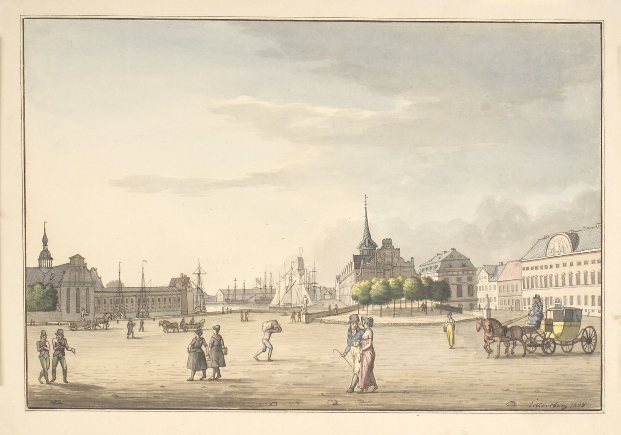 Utsikt från Slotspladsen mot Børsen och banken av Christoffer Wilhelm Eckersberg