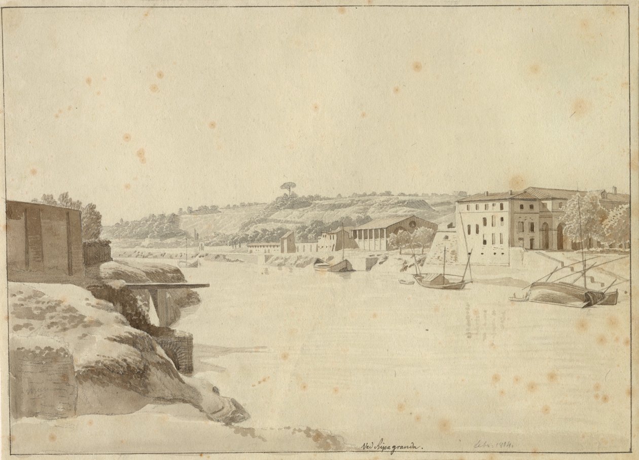 Utsikt över Tibern mot Porto di Ripa Grande och Porta Portese sett från stranden nedanför Monte Aventino, Rom. av Christoffer Wilhelm Eckersberg