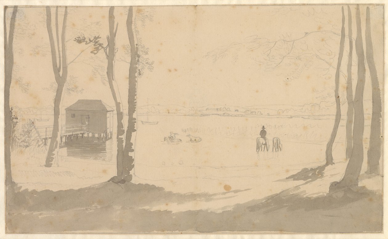 Utsikt över en sjö, till vänster ett badhus, i mitten ryttare som vattnar hästar, förgrunden är trädbevuxen av Christoffer Wilhelm Eckersberg