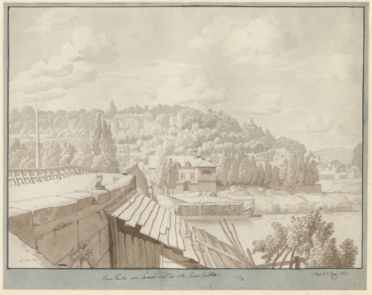 Utsikt från Sevres av den gamla Seinebron med parken i Saint Cloud i bakgrunden av Christoffer Wilhelm Eckersberg