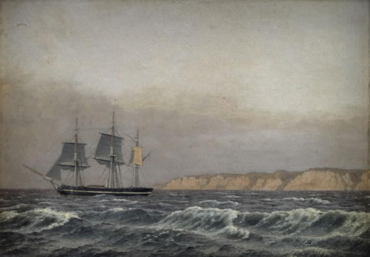 Utsikt över Møns klippor och en korvett av Christoffer Wilhelm Eckersberg