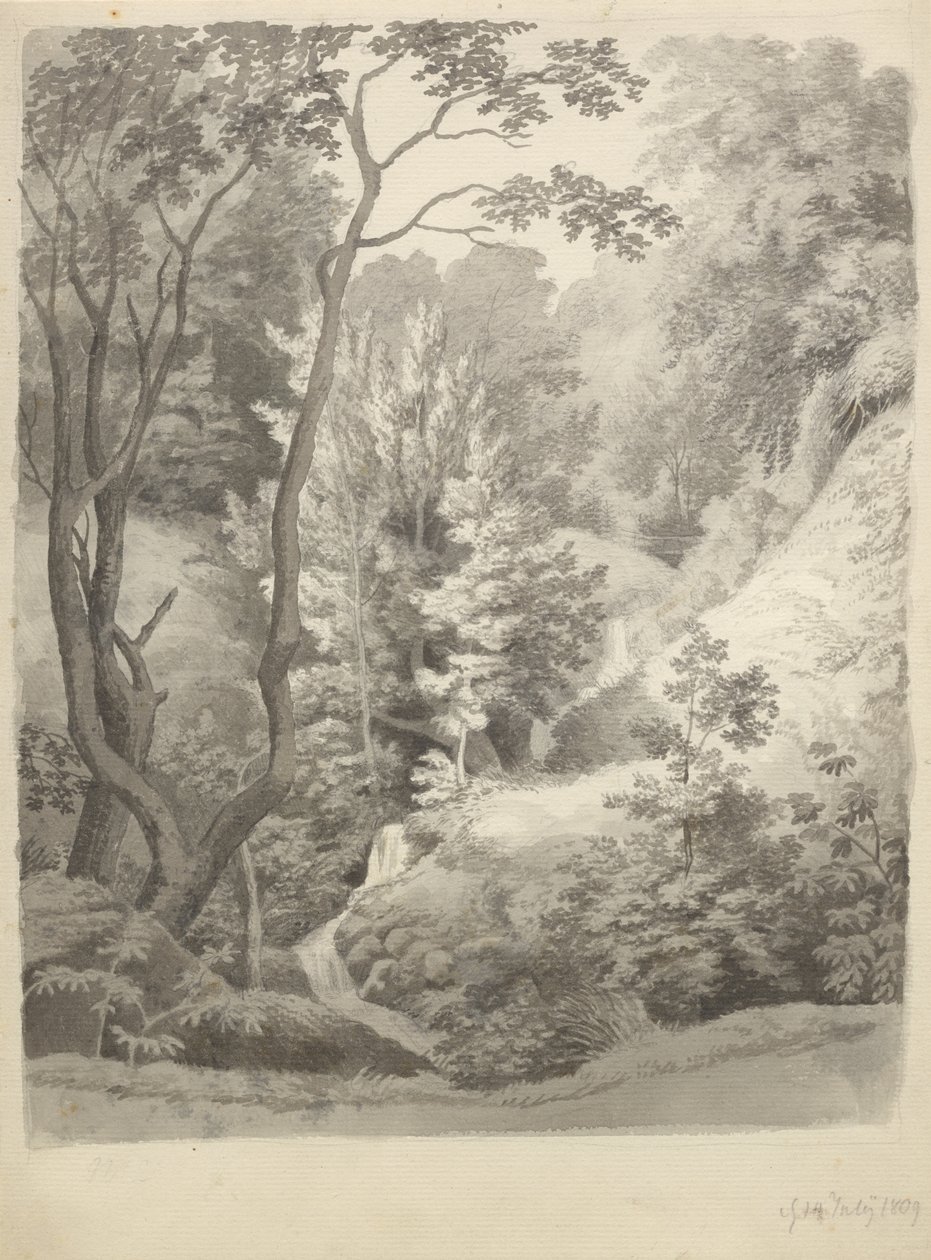 Utsikt över parken Liselund herrgård på ön Møn av Christoffer Wilhelm Eckersberg