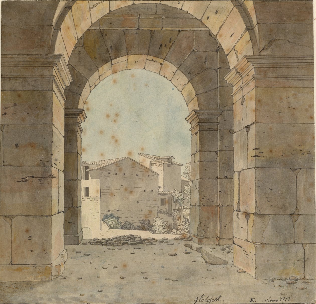 Utsikt mot norr genom en av bågarna på Colosseums andra våning i Rom av Christoffer Wilhelm Eckersberg