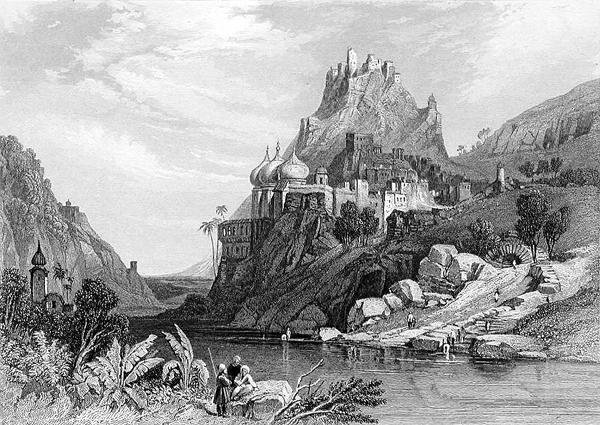 Ruiner vid Ettaia, som sägs ha orsakats av en strid mellan Krishna och Kali, graverade av E. Finden, från 