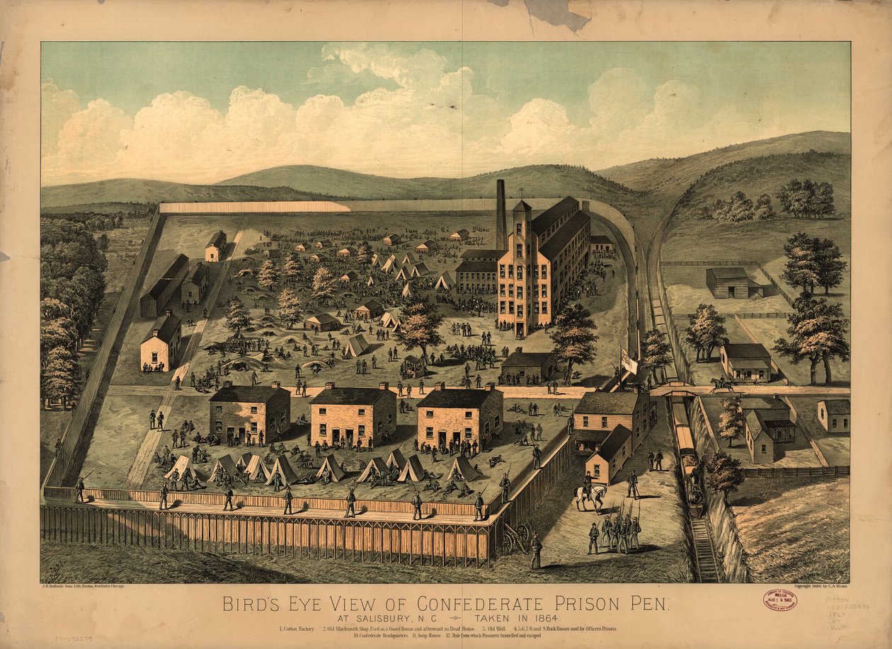 Fågelperspektiv av konfedererade fängelsepenna i Salisbury, N.C., tagen 1864 av C. A.; J.H. BuffordS Sons Lith Kraus